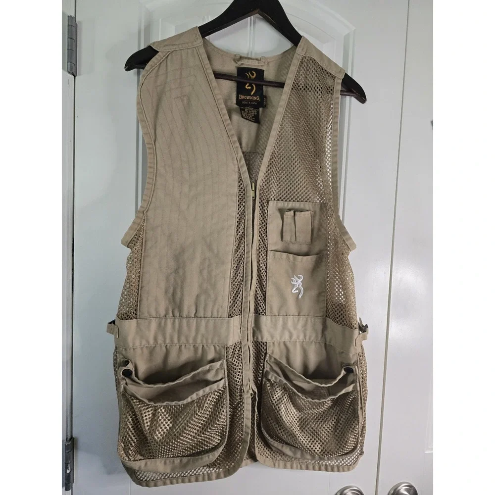 Browning Mens Mesh Shooting Vest‎ Tan Khaki Full Zip Utility Hunting 305-020 M